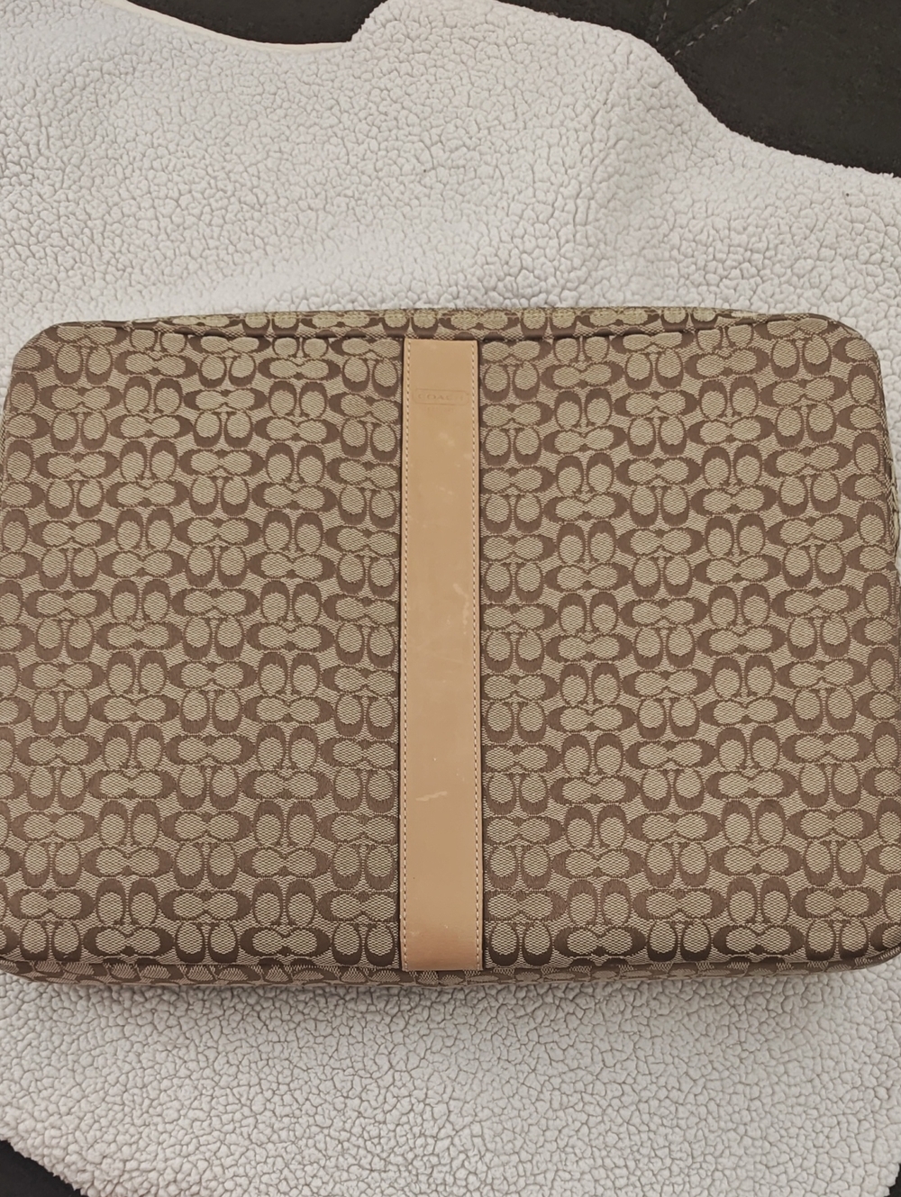 Coach Brown Signature Canvas Laptop Sleeve with Tan Leather Stripe